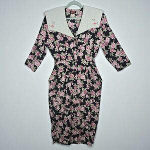 VTG 80s Hearts Floral Print Midi Dress Women 8 Black Pink Roses Peter Pan Collar